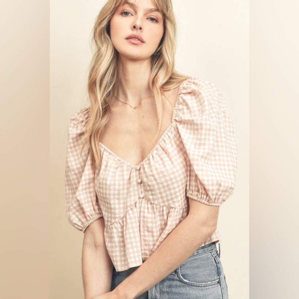 Pink Gingham Crop Top Blouse, S